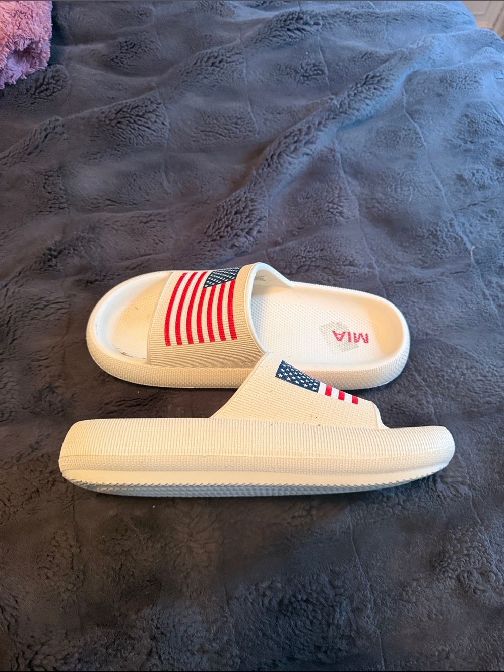 MIA Cream Slide Sandals with Red & Blue Flag Accent
